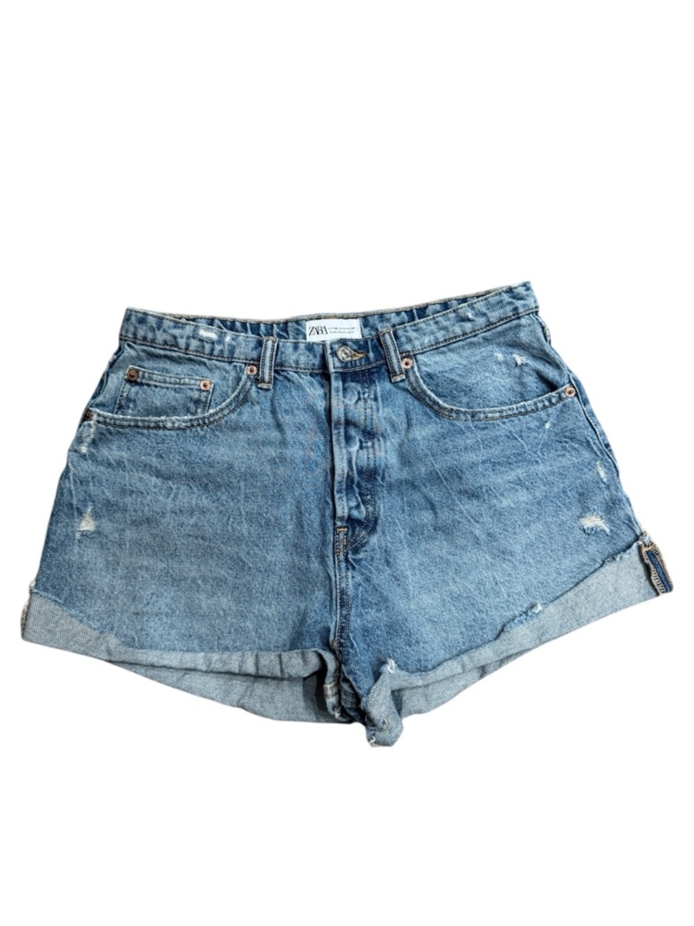 Zara High Waisted Denim Shorts Distressed Light Wash Size 8 - Picture 2 of 5